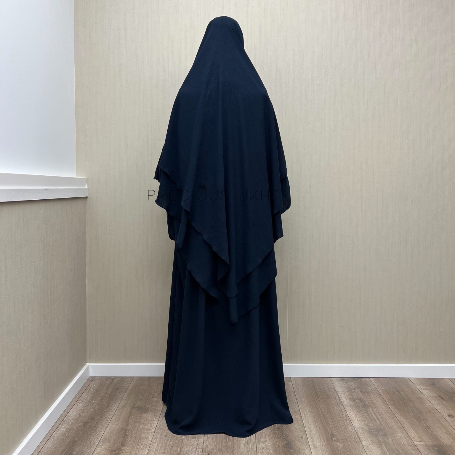 Alternative view of 2 Laags Stretch Khimaar & Pofmouw Abaya ‘Dark Blue’ (Jazz Fabric)