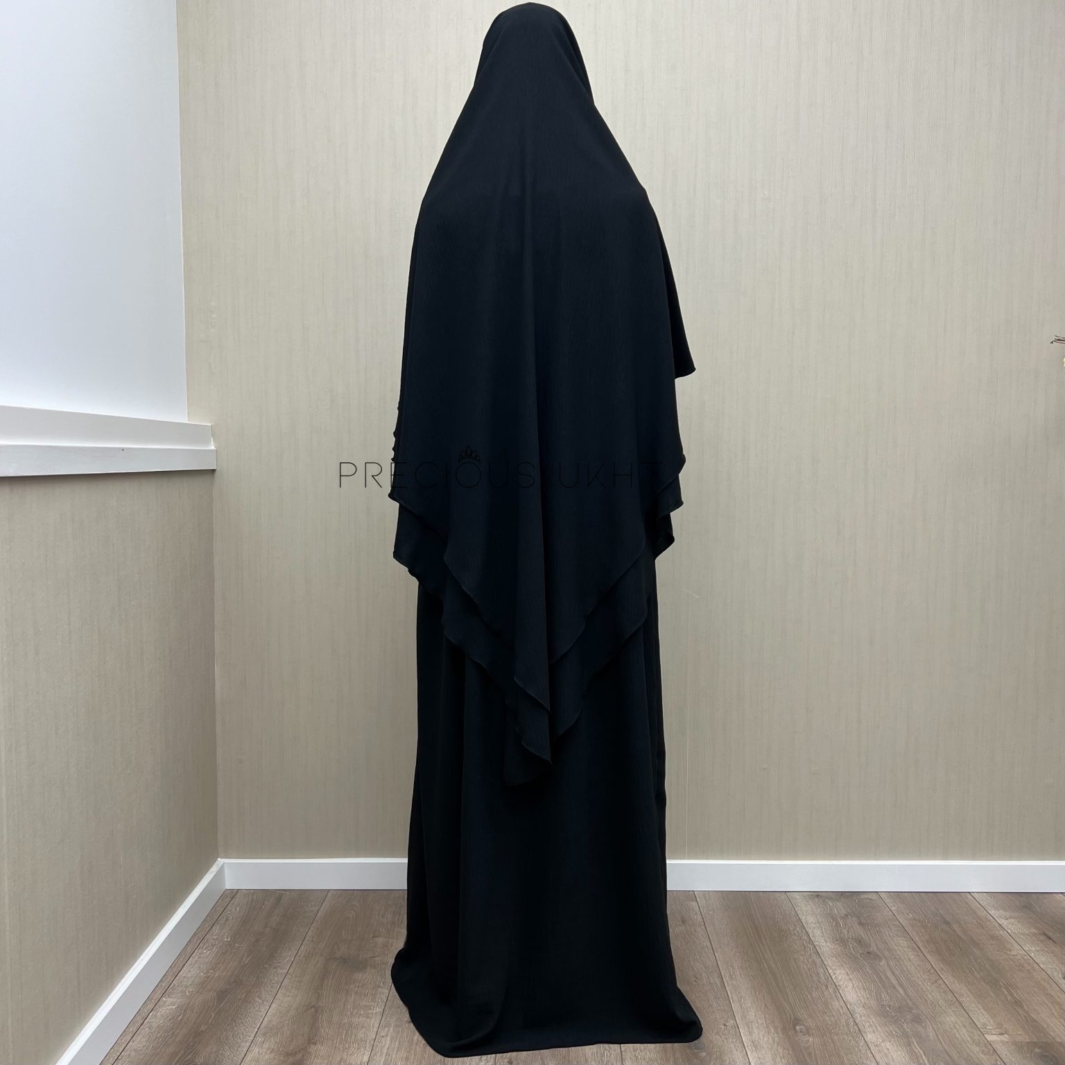 Alternative view of 2 Laags Stretch Khimaar & Pofmouw Abaya ‘Black’ (Jazz Fabric)